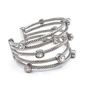 Premier Designs Real Thing Silver Tone Rope Wire Crystal Cuff Bracelet